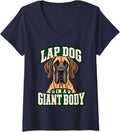 Women's Great Dane Lap Dog in A Giant Body Dog Owner Funny Pup V-Neck T-Shirt - Navy Blue
