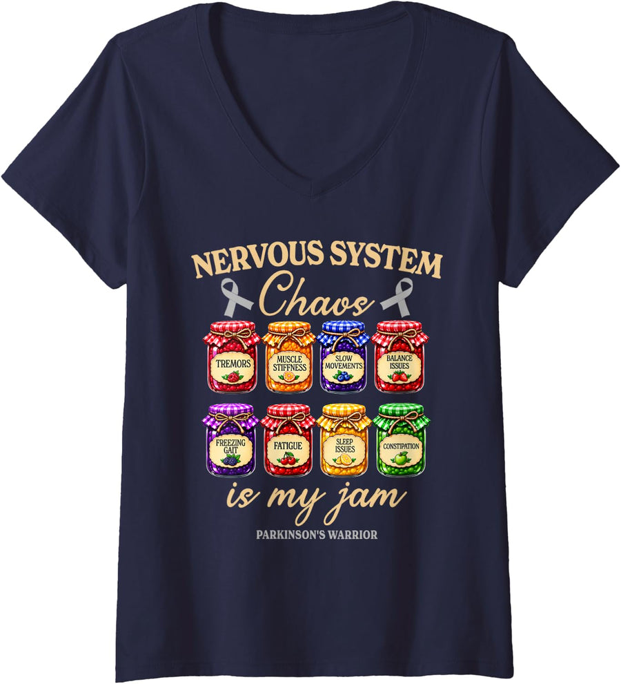 Women's Parkinson's Disease Warrior Nervous System Chaos is My jam V-Neck T-Shirt - Navy Blue
