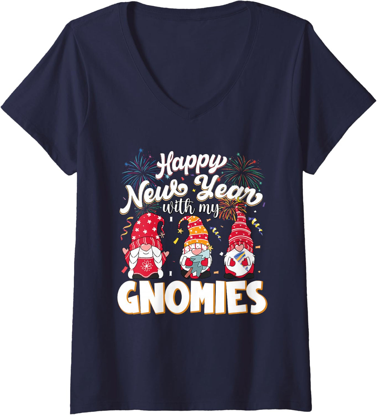 Women's Happy New Year with My Gnomies Fireworks Kids Men Women V-Neck T-Shirt - Navy Blue