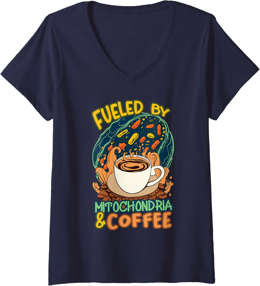 Funny Biology Teacher Science Fueled By Mitochondria Coffee V-Neck T-Shirt - Navy Blue