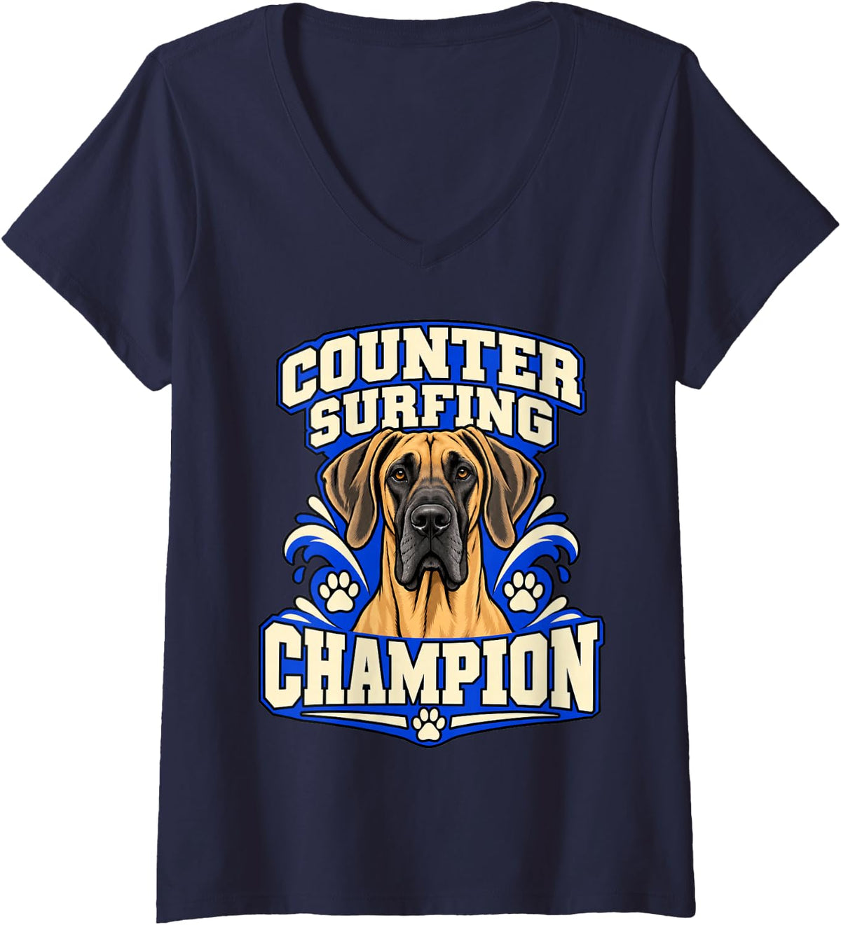 Women's Great Dane Counter Surfing Champion Pet Owner Giant Breed V-Neck T-Shirt - Navy Blue
