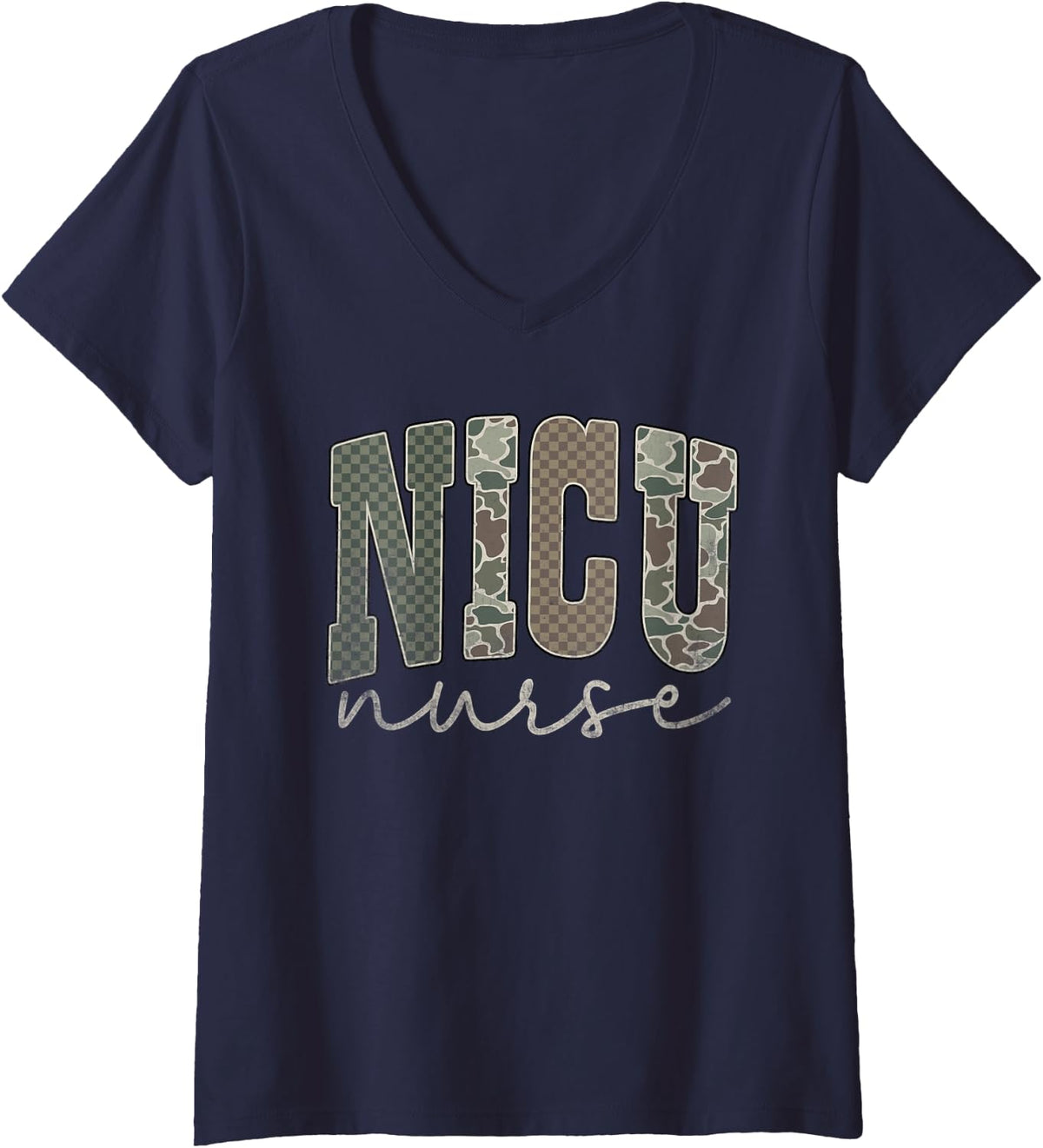 Women's Camo Nurse NICU Team RN Neonatal Intensive Care Unit V-Neck T-Shirt - Navy Blue