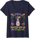 Women's Sphynx Cat with Jester Beads Mask Happy Mardi Gras Day Yall V-Neck T-Shirt - Navy Blue