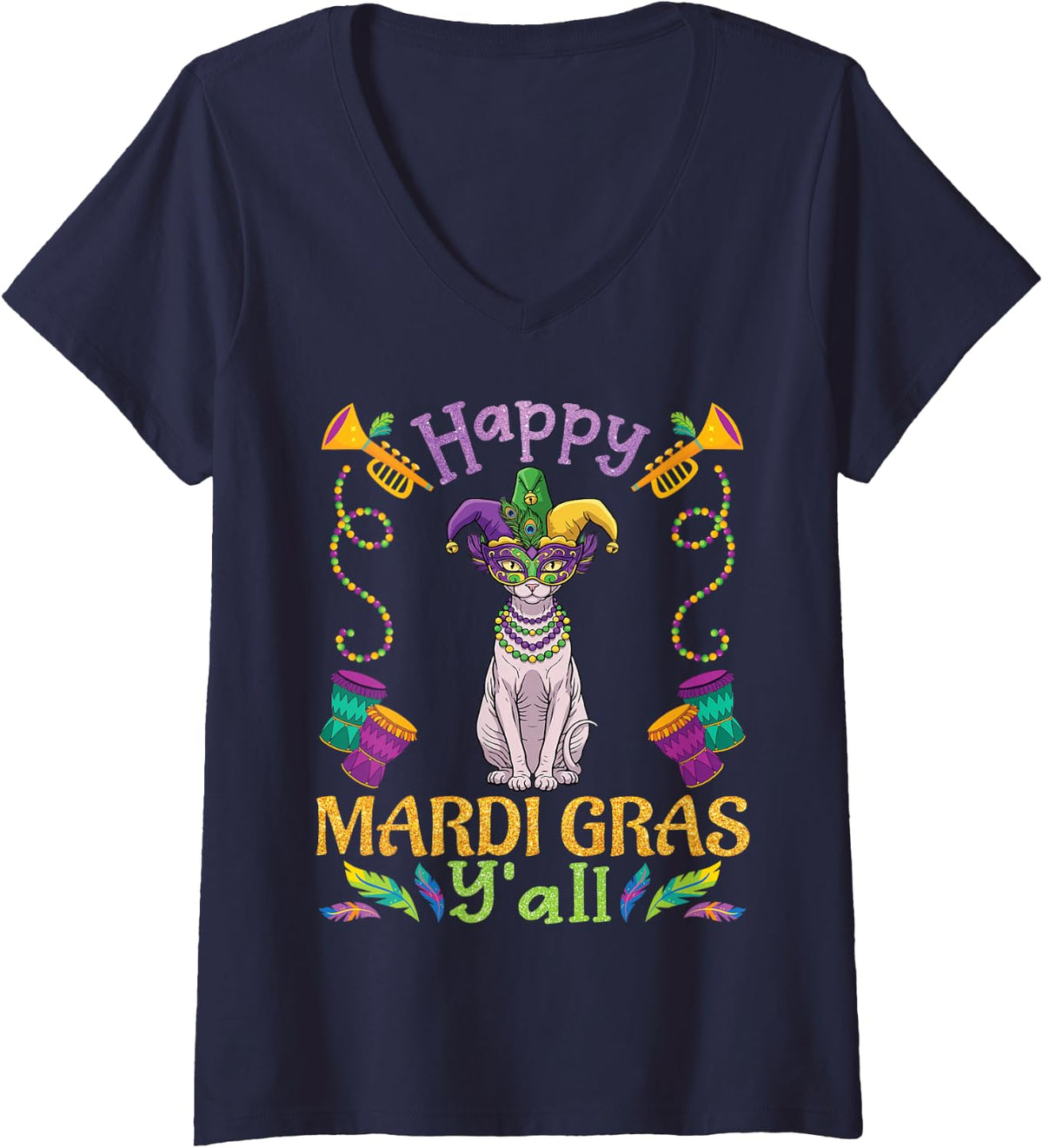 Women's Sphynx Cat with Jester Beads Mask Happy Mardi Gras Day Yall V-Neck T-Shirt - Navy Blue