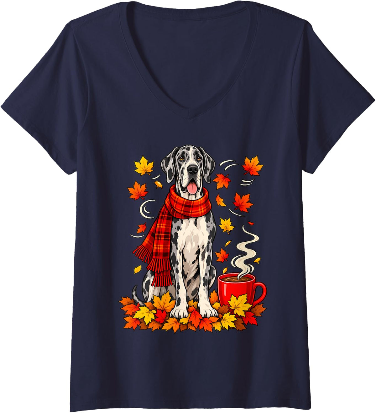 Women's Great Dane Fall Red Scarf Autumn Leaf for Dog Lover Funny V-Neck T-Shirt - Navy Blue