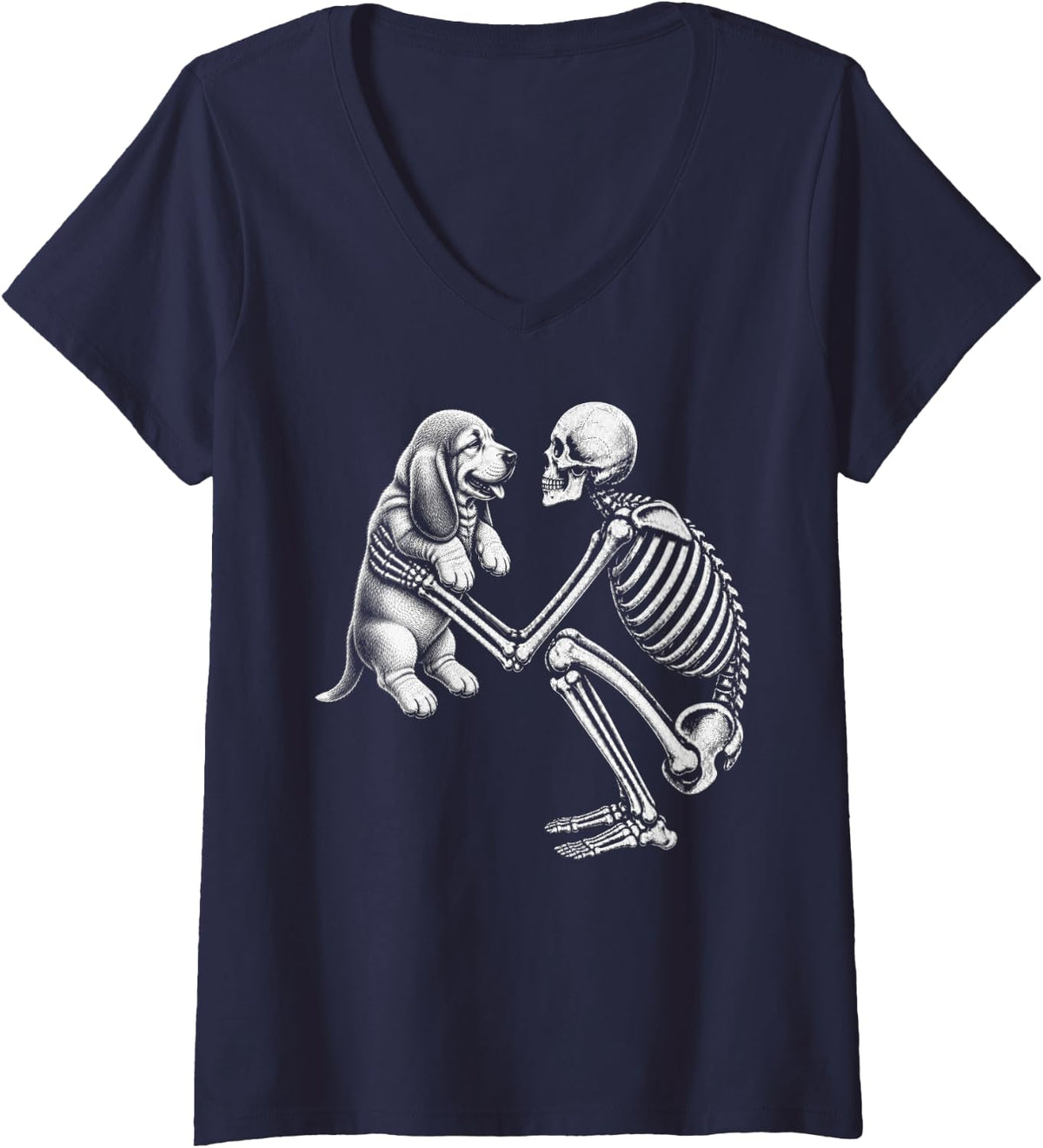Women's Skeleton Holding Basset Hound Retro Halloween Dog V-Neck T-Shirt - Navy Blue