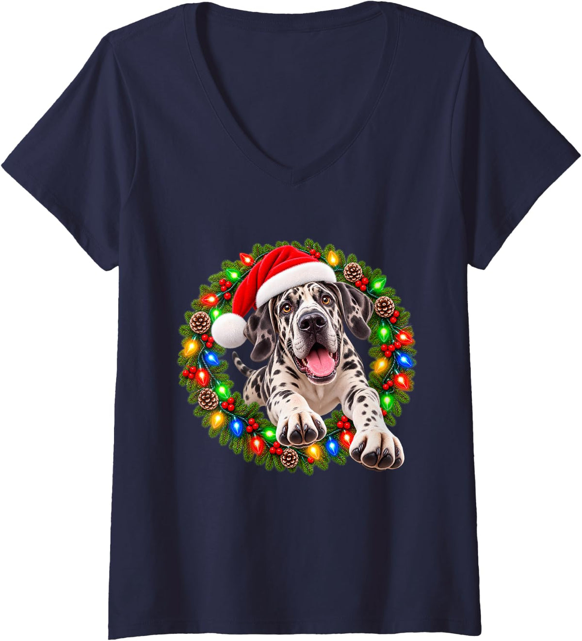 Women's Great Dane Christmas Jumping Through Wreath Santa Dog V-Neck T-Shirt - Navy Blue
