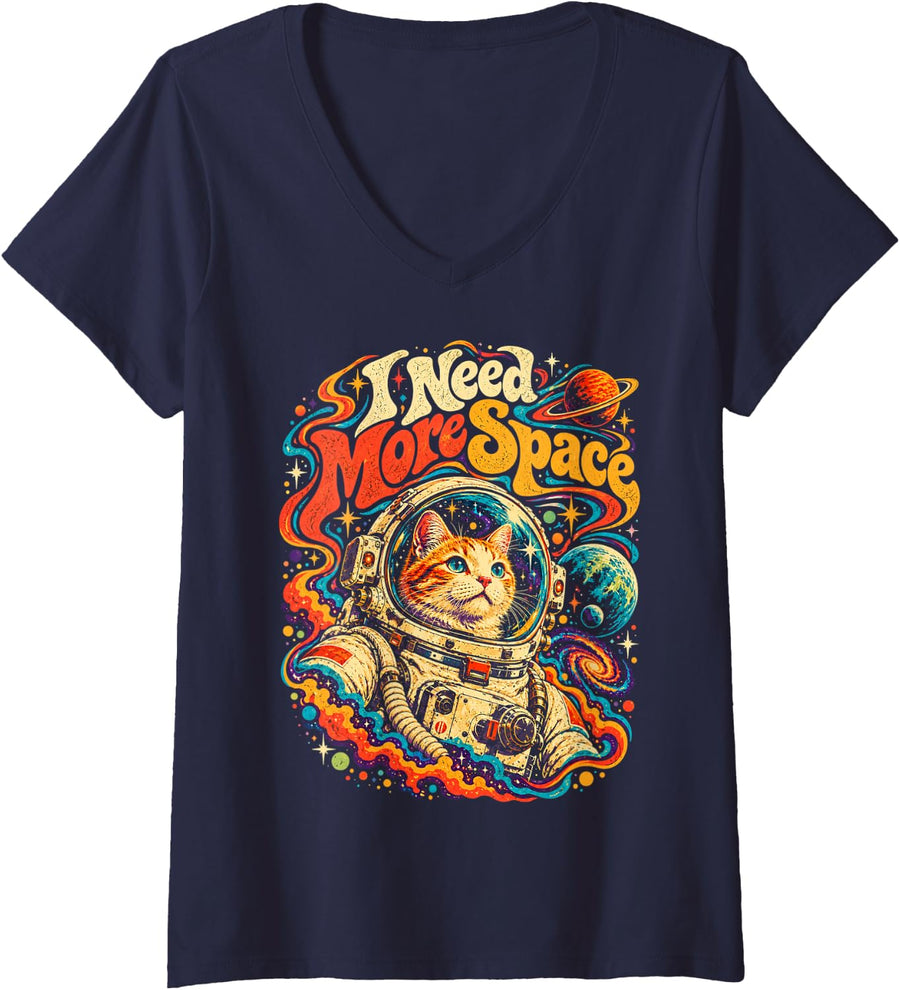 Women's Space Suit Cat - Cat Astronaut I Need More Space Feline V-Neck T-Shirt - Navy Blue