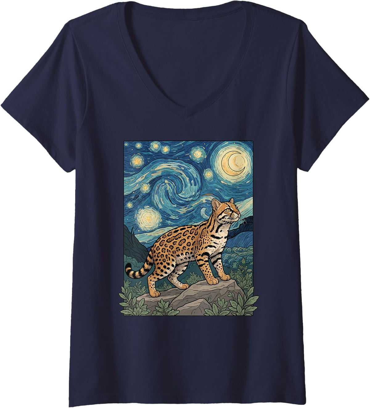 Women's Night Starry Paint Cat Lover Wildlife Leopardus Tilcayo Cat V-Neck T-Shirt - Navy Blue