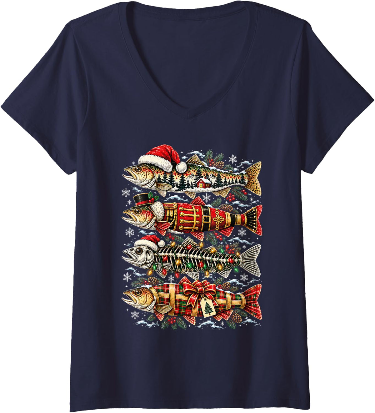 Women's Christmas Trout Fish Plaid Nutcracker Skeleton Fishing Xmas V-Neck T-Shirt - Navy Blue