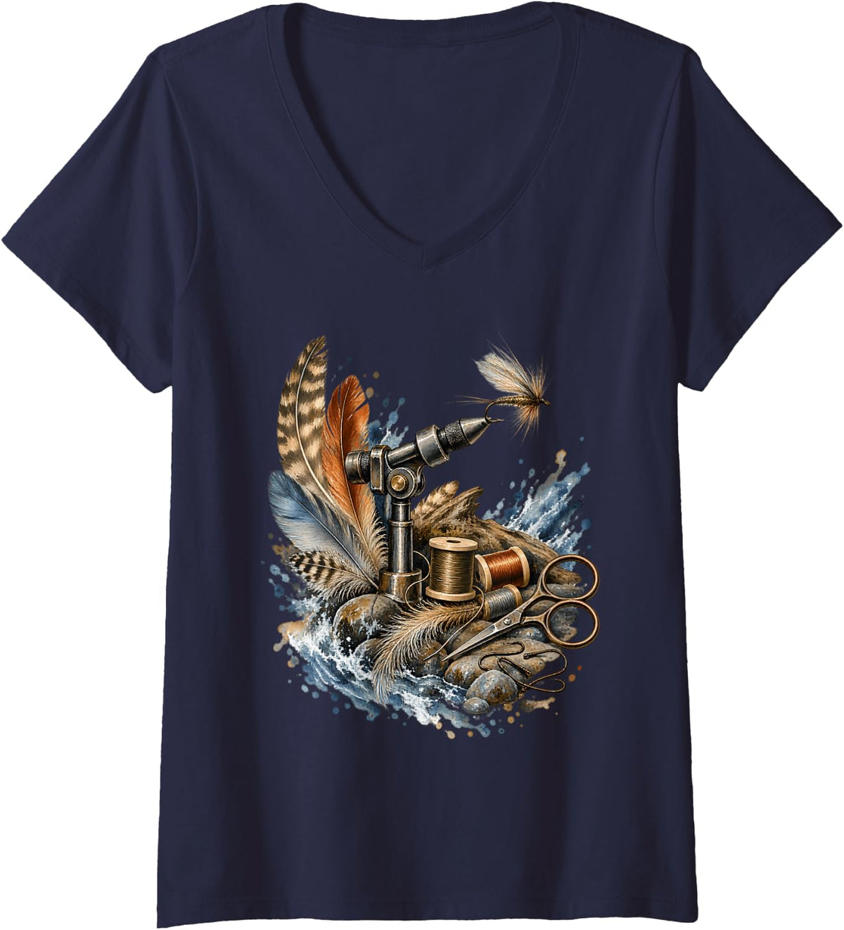 Women's Fly Tying Vise Feathers Hooks Trout Fisherman Angler V-Neck T-Shirt - Navy Blue