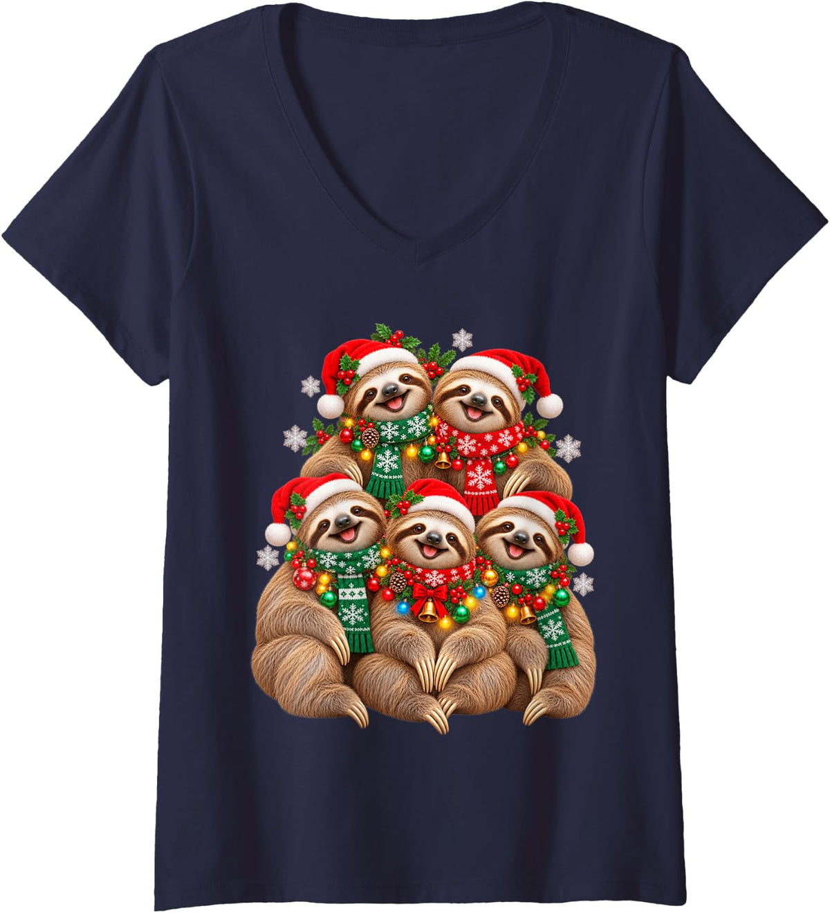 Women's Christmas Lights Sloth Santa Funny Xmas Trees V-Neck T-Shirt - Navy Blue