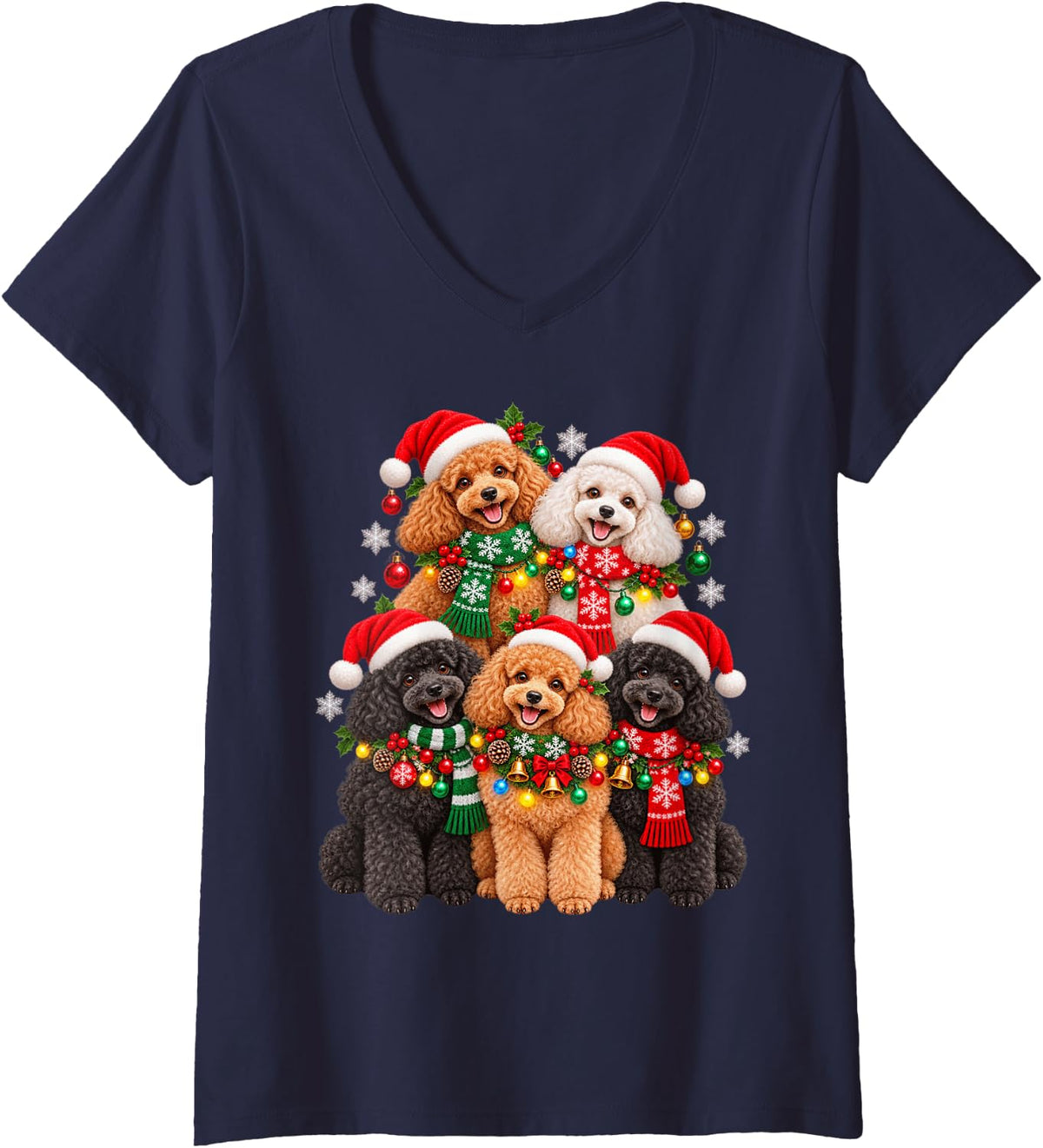 Women's Christmas Lights Poodle Santa Funny Xmas Trees V-Neck T-Shirt - Navy Blue