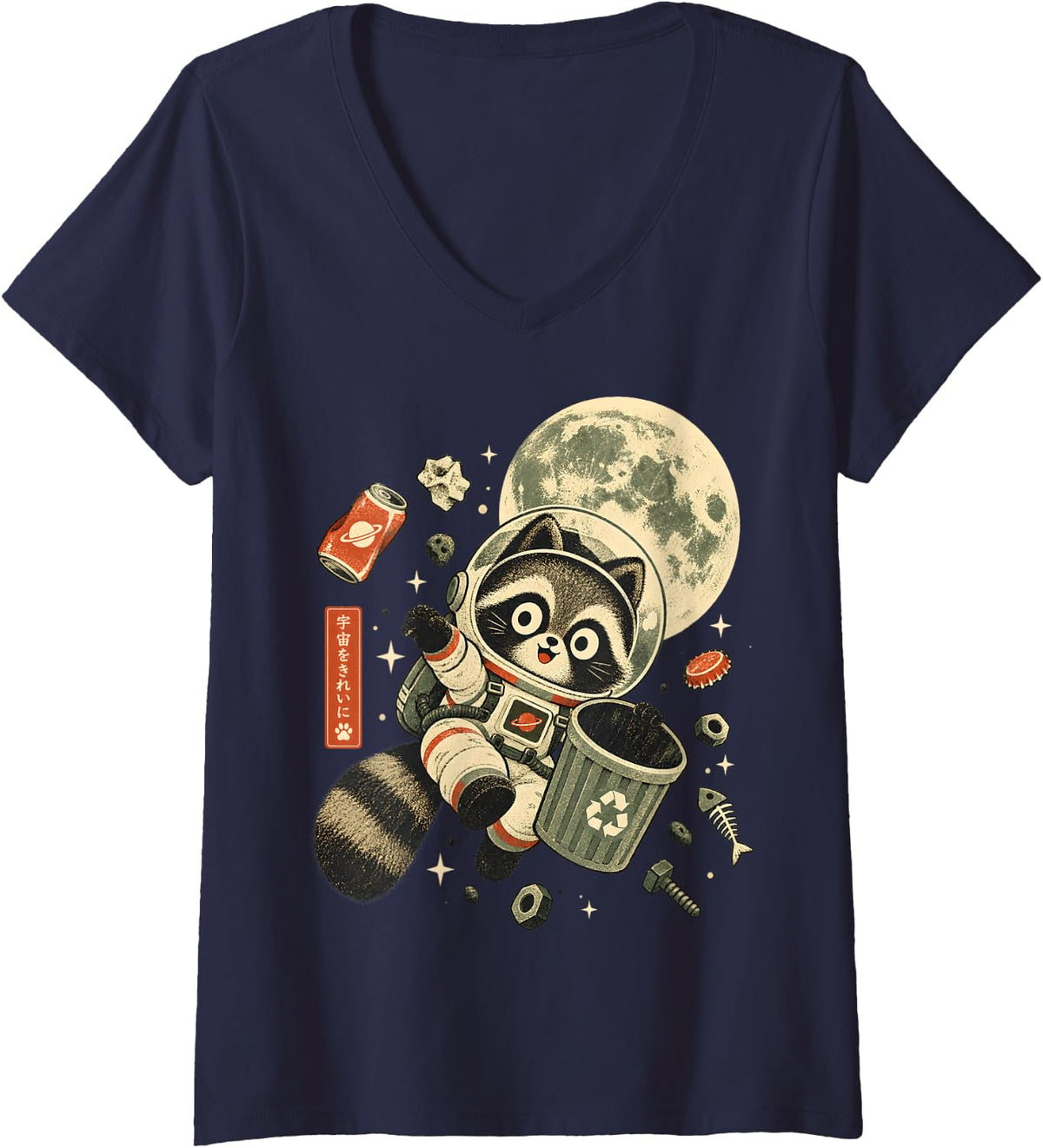 Women's Funny Raccoon Astronaut Cosmic Trash Ukiyo E Japanese Art V-Neck T-Shirt - Navy Blue