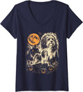 Women's Halloween Havanese Spooky Graveyard Moon Dog Lover V-Neck T-Shirt - Navy Blue