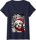 Women's Havanese Dog Christmas Selfie Moon Night Starry Sky Xmas V-Neck T-Shirt - Navy Blue