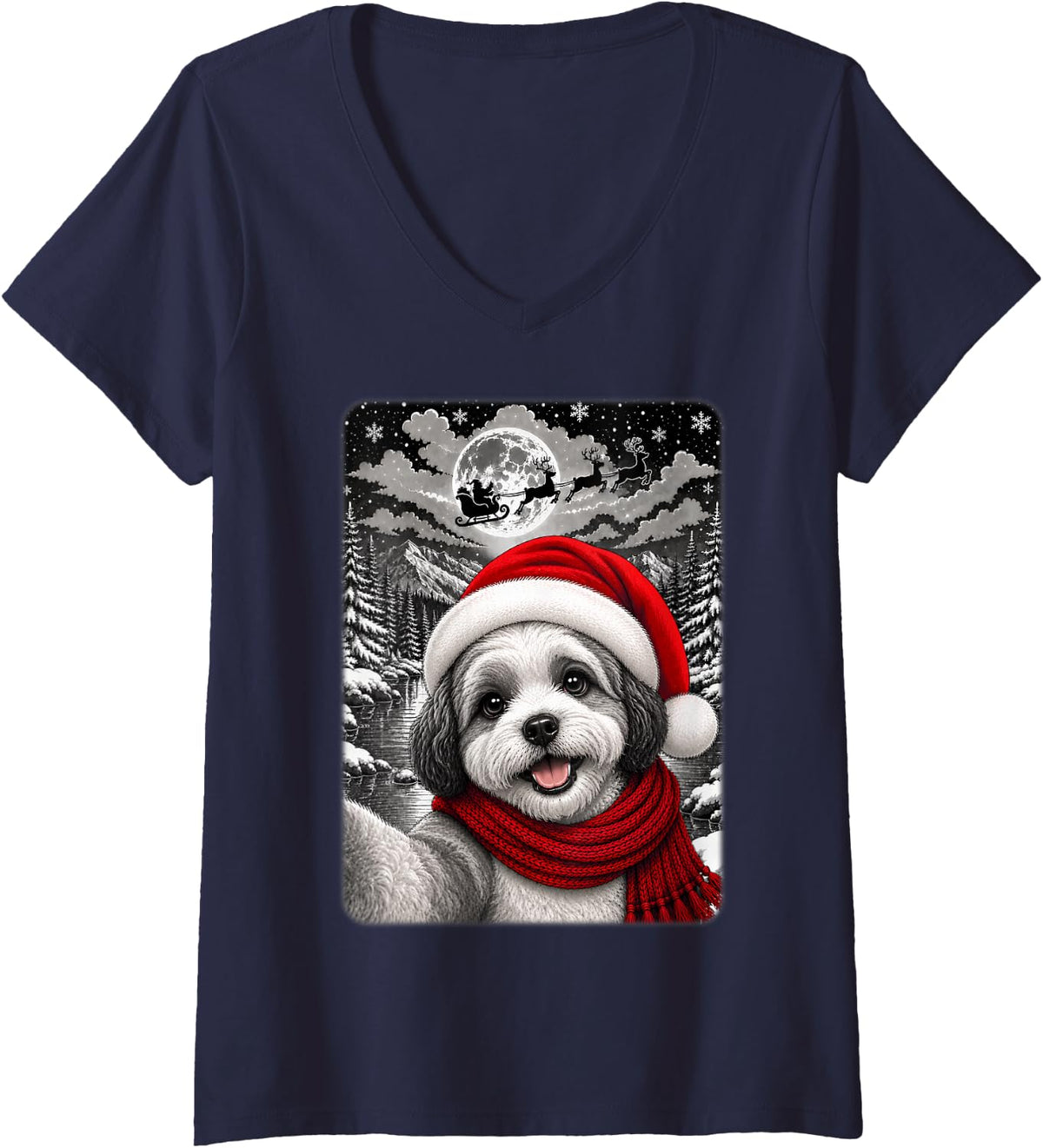 Women's Havanese Dog Christmas Selfie Moon Night Starry Sky Xmas V-Neck T-Shirt - Navy Blue