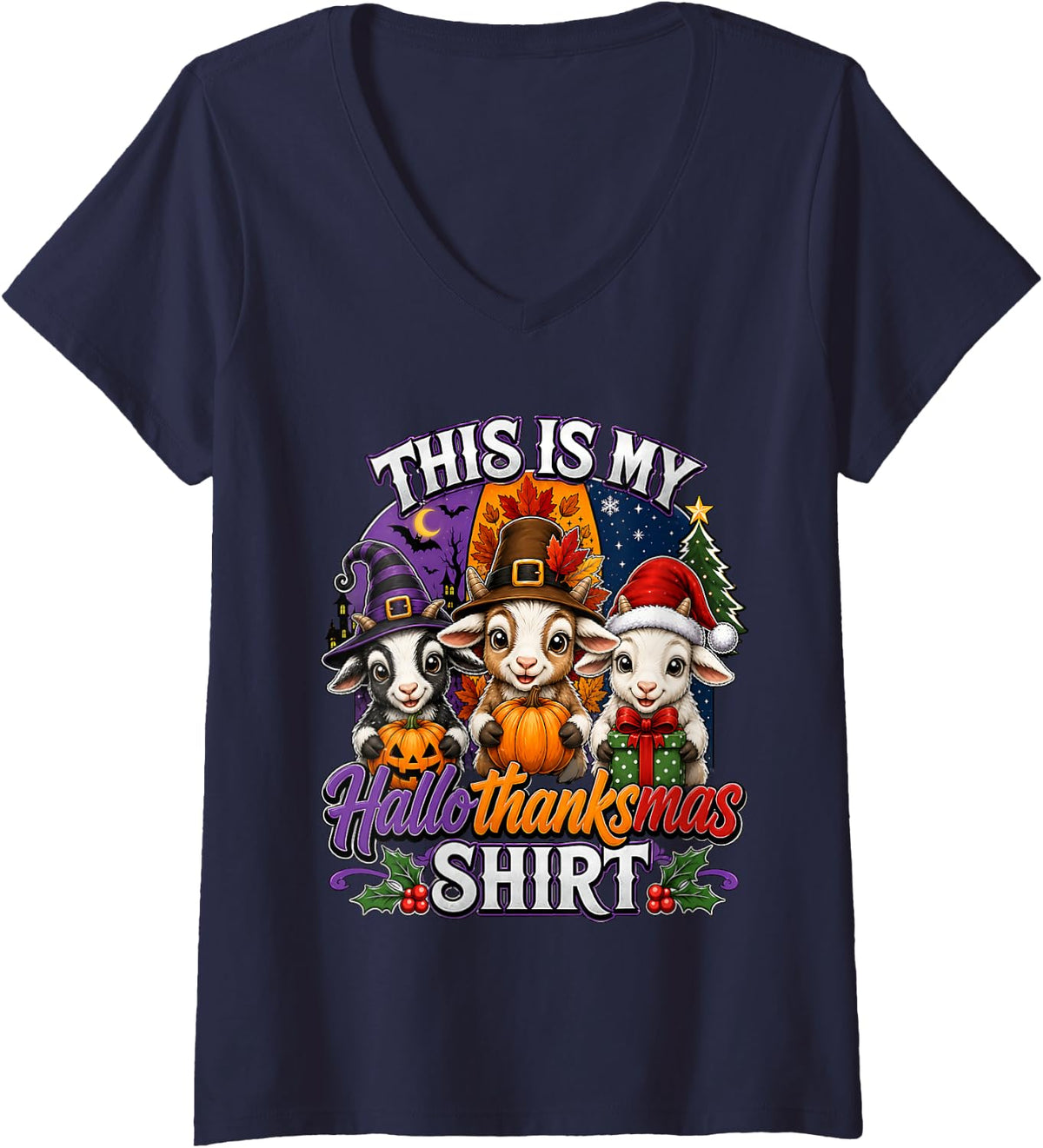 Women's This is My Hallothanksmas Goat Halloween Thanksgiving Xmas V-Neck T-Shirt - Navy Blue