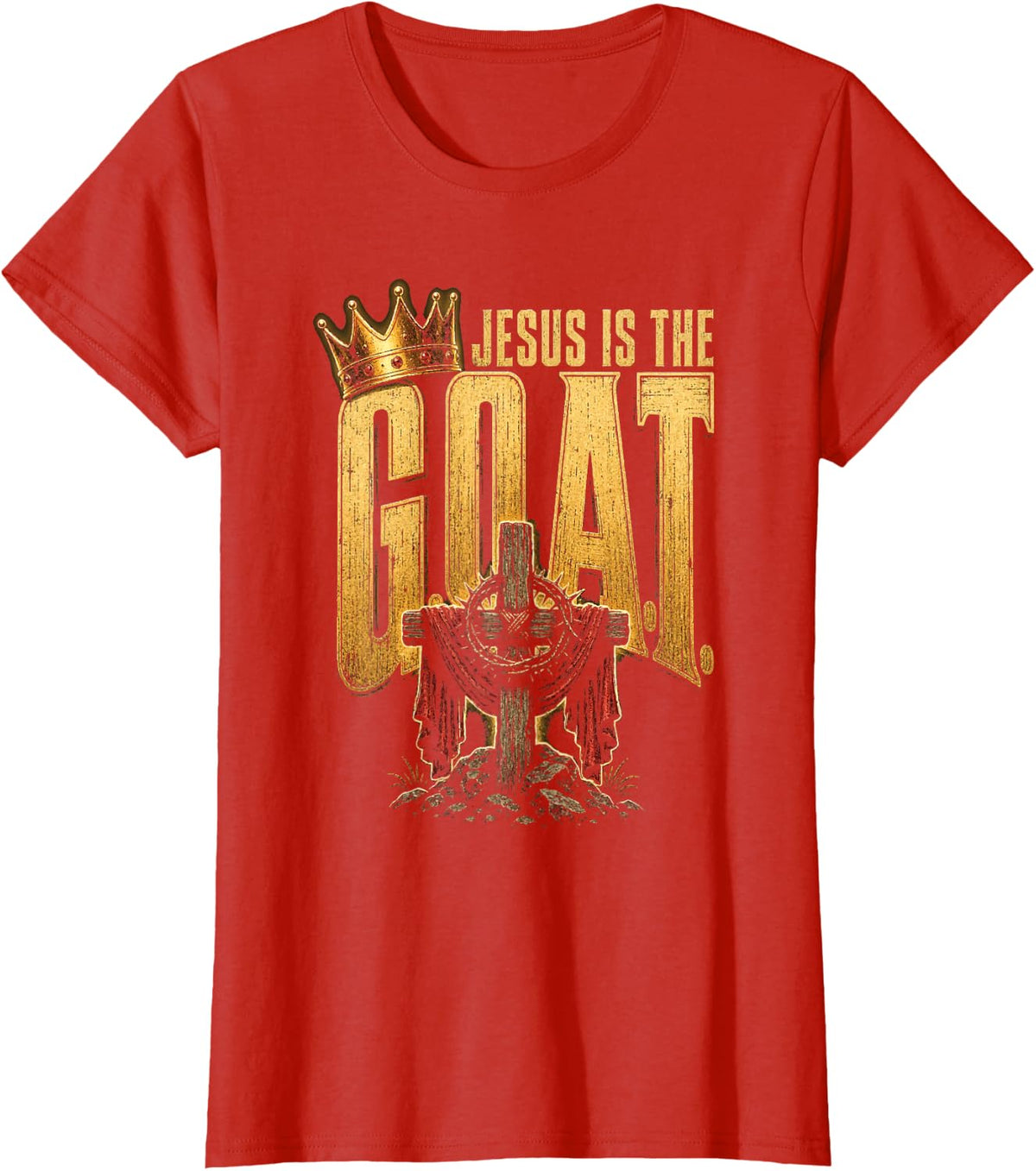 Christian Men Jesus is The G.O.A.T. Wooden Cross Faith T-Shirt - Red