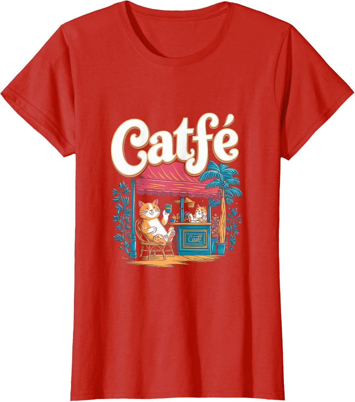 Funny Coffee Lover Cat Owner Cafe Pun T-Shirt - Red