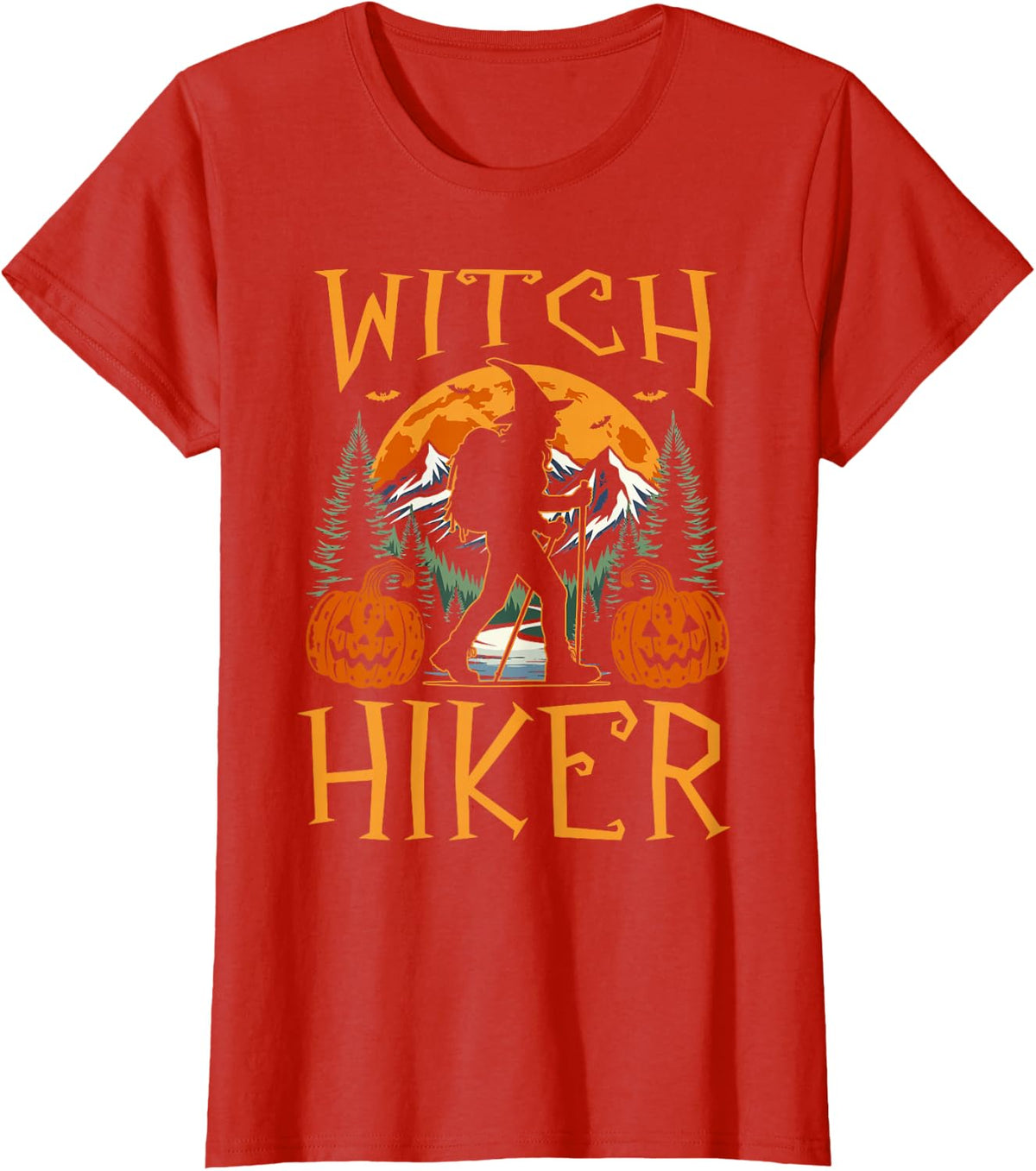 Hiker Hiking Witch Halloween Retro Vintage Witch Hiker T-Shirt - Red