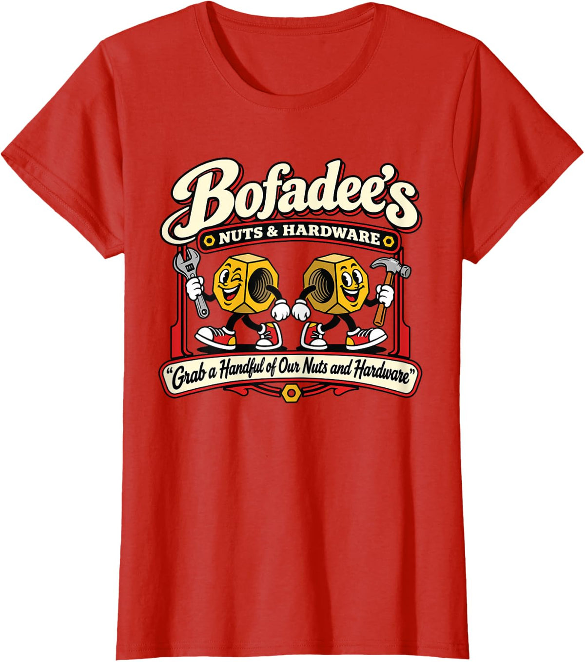 Bofadees Nuts and Hardware Retro Mechanic Vintage Cartoon T-Shirt - Red