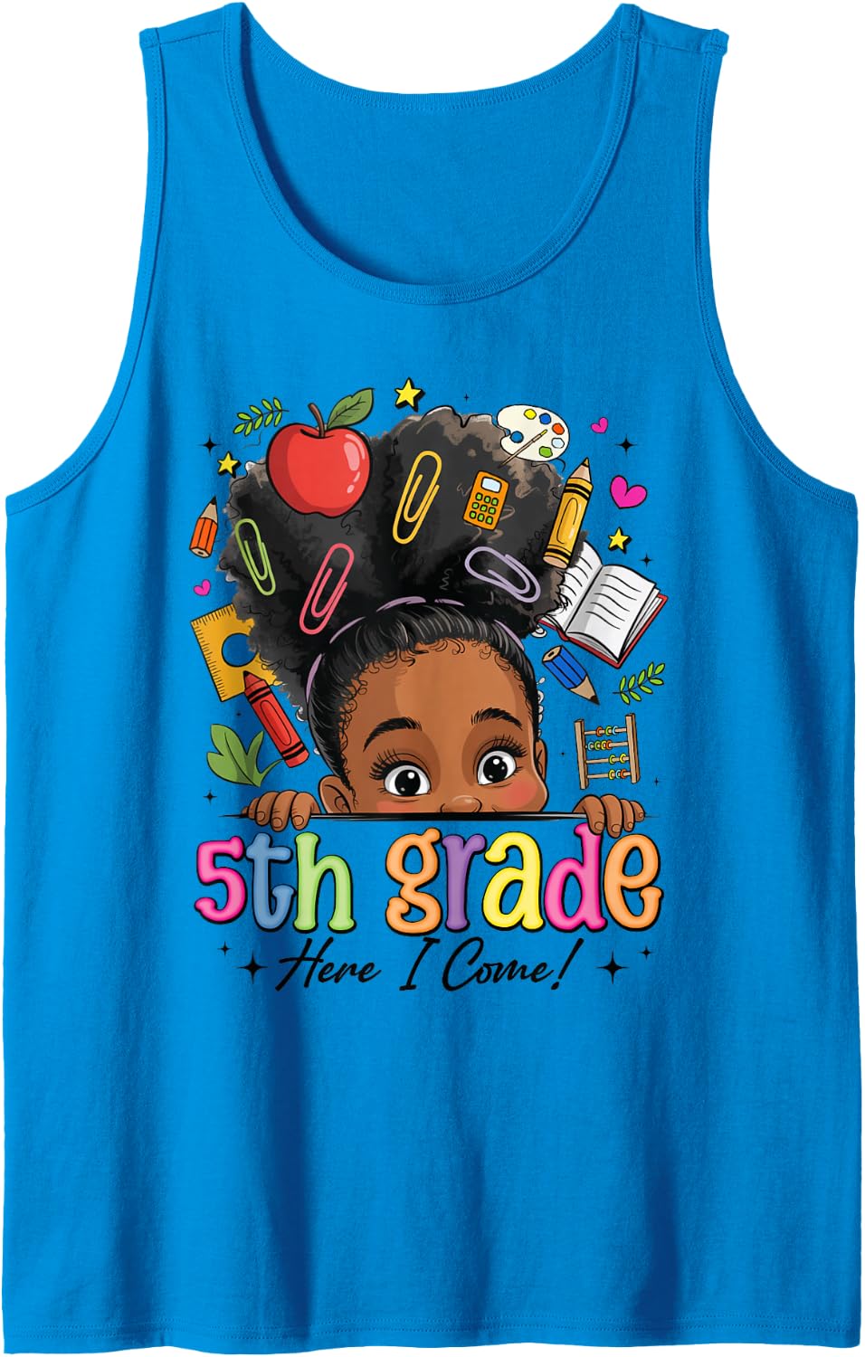 Fifth Grade Here I Come Afro Girl Messy Bun Back to School Tank Top - Sapphire Blue