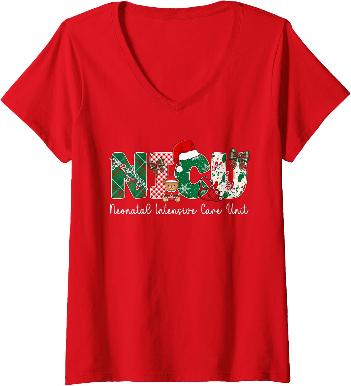 Women's NICU Christmas Neonatal Intensive Care Unit Xmas Party V-Neck T-Shirt - Red