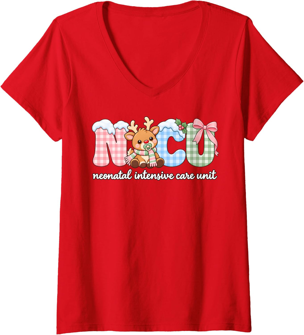 Women's NICU Nurse Christmas Neonatal Intensive Care Unit V-Neck T-Shirt - Red