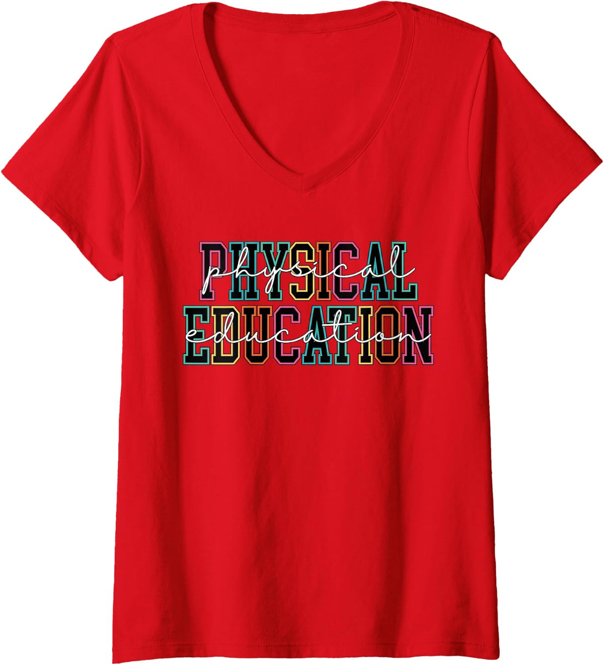 Women's Physical Education Colorful Varsity Block V-Neck T-Shirt - Red