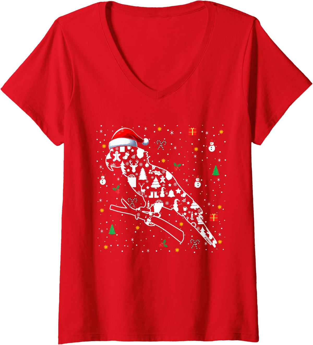 Women's Christmas Symbols Santa Parrot Cute Shape Matching Kids V-Neck T-Shirt - Red