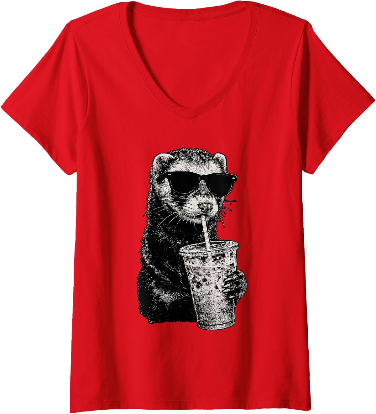 Women's Ferret Drinking Iced Coffee Wildlife Animal Humor V-Neck T-Shirt - Red