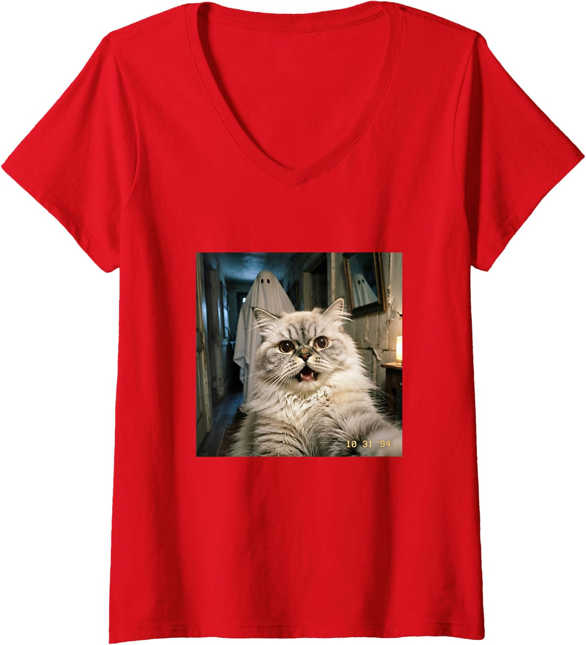Women's Persian Cat Ghost Selfie Halloween Tee Men Women Kids V-Neck T-Shirt - Red
