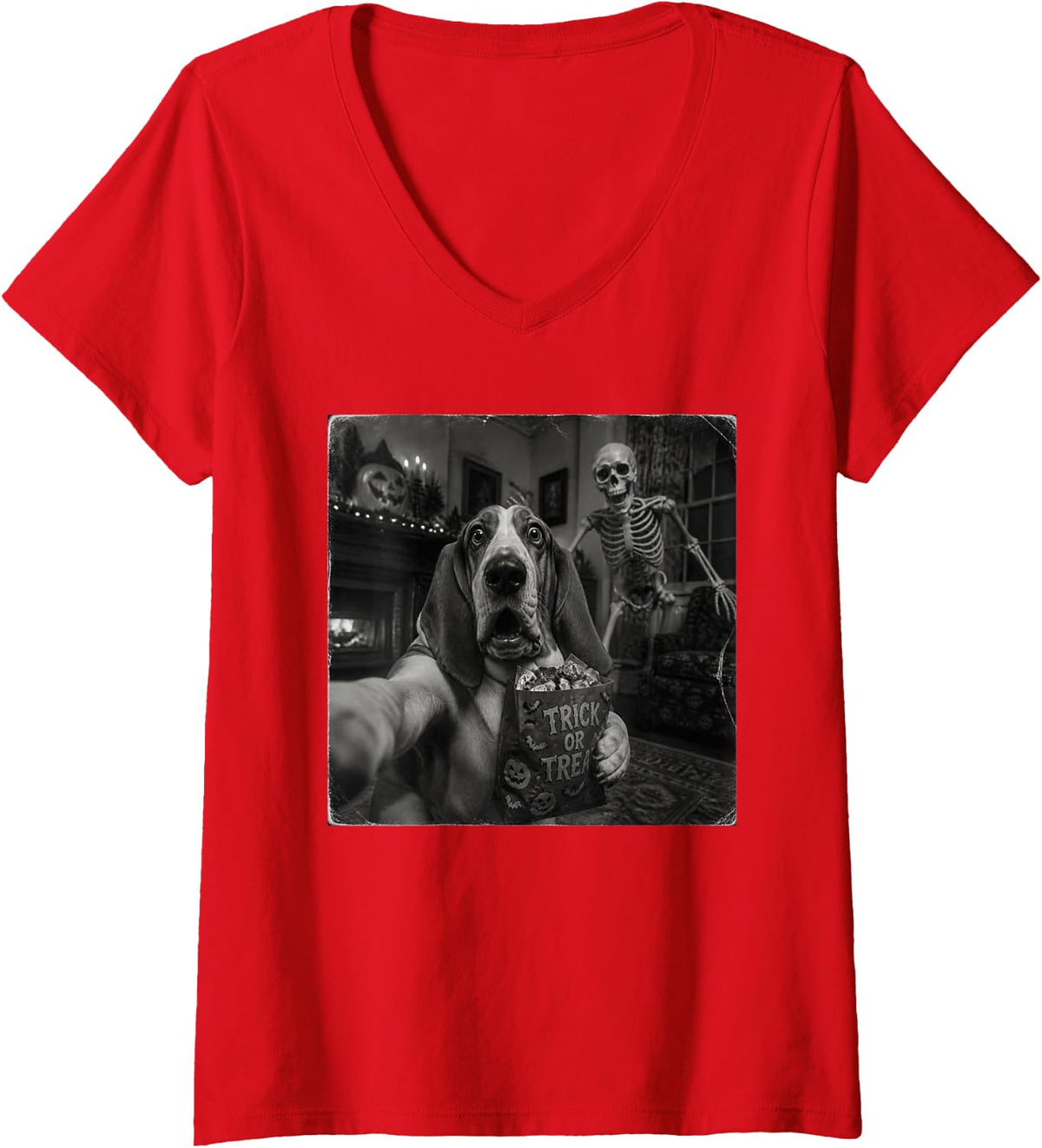 Women's Funny Halloween Basset Hound V-Neck T-Shirt - Red
