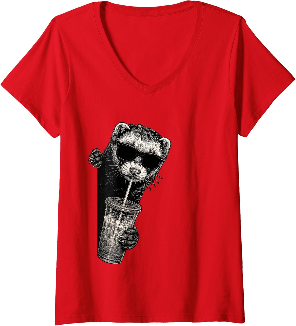 Women's Funny Ferret Peeking Drinking Iced Coffee Humor V-Neck T-Shirt - Red