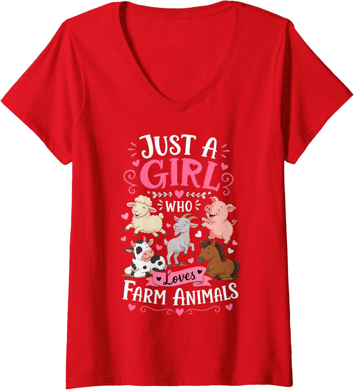 Women's Girl Who Loves Farm Animals with Cartoon Animals V-Neck T-Shirt - Red