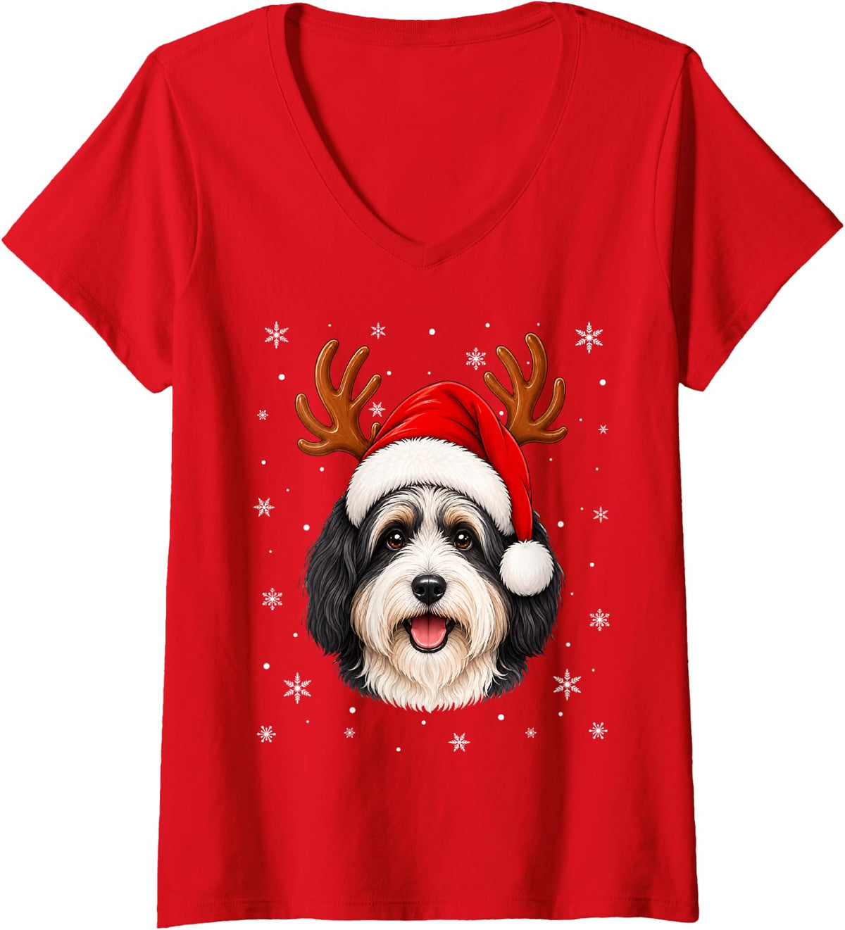 Women's Cute Reindeer Horn Santa Havanese Dog Christmas V-Neck T-Shirt - Red