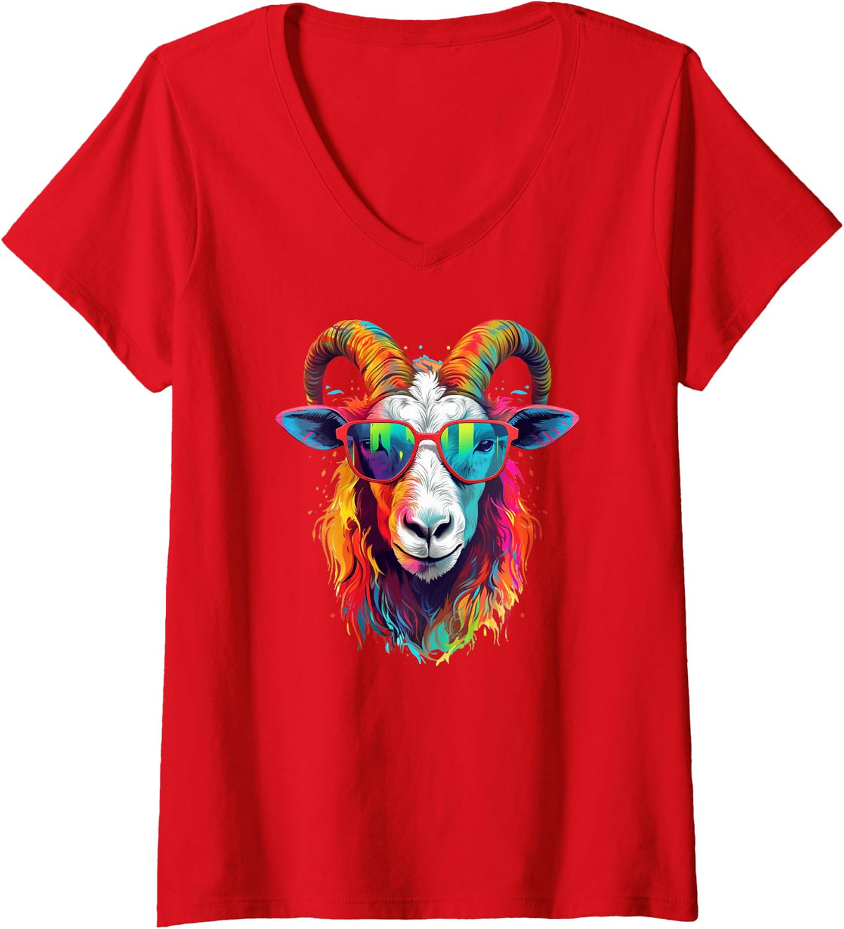 Women's Dripping Psychedelic Goat Trippy Splatter V-Neck T-Shirt - Red
