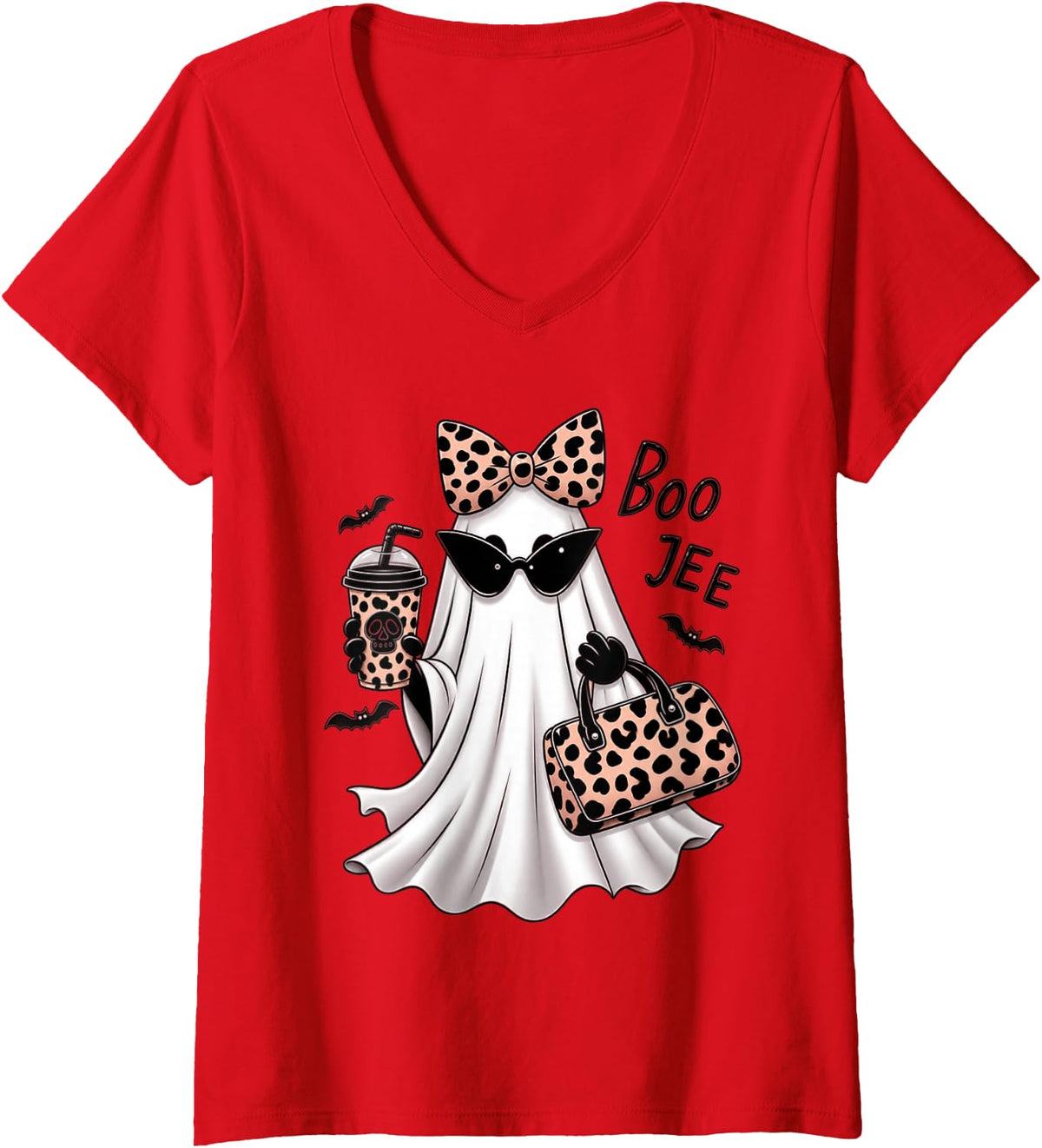 Women's Boo JEE Leopard Ghost Halloween V-Neck T-Shirt - Red