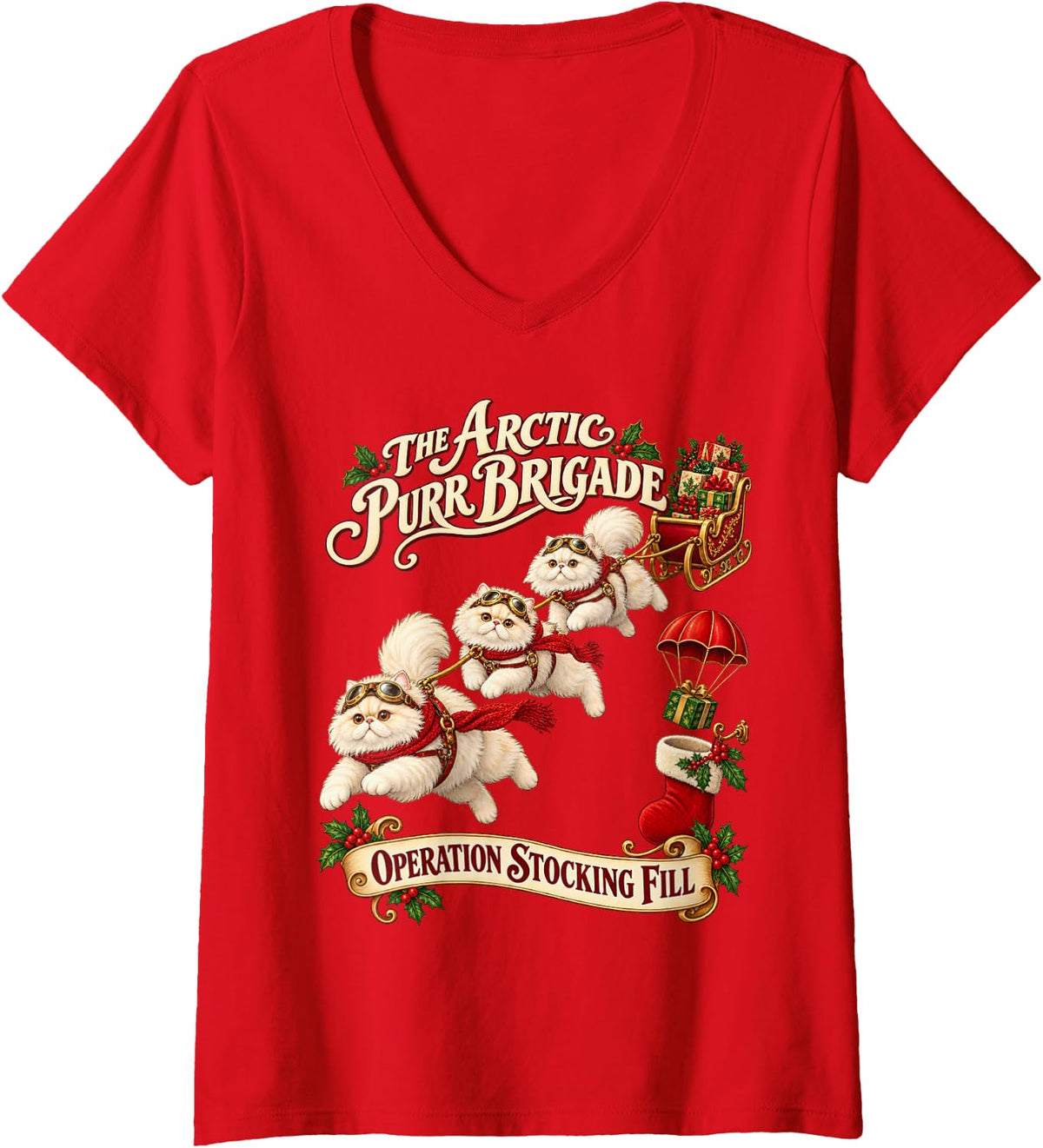 Women's Persian Cats Funny Christmas Parachute V-Neck T-Shirt - Red