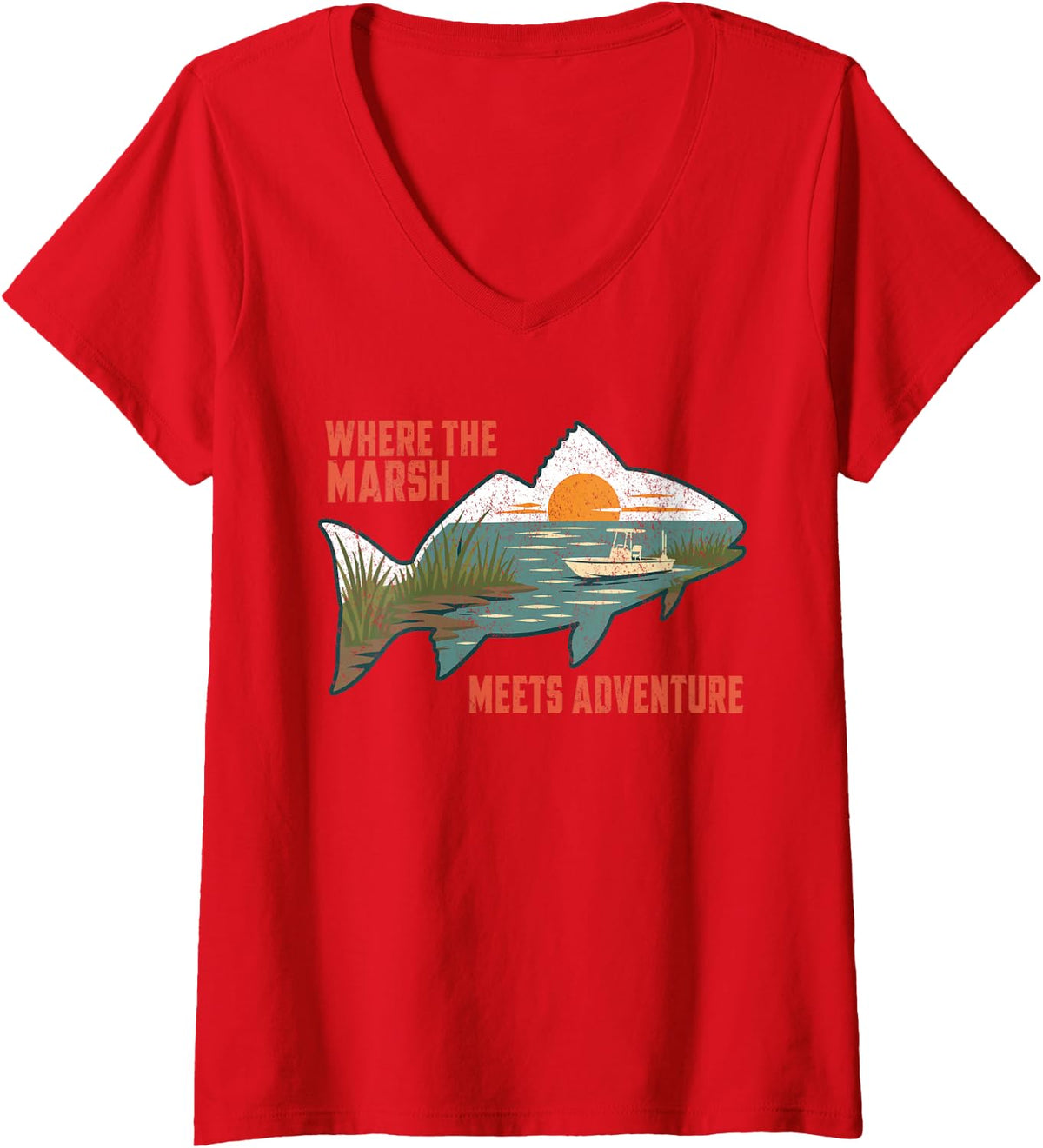 Women's Redfish Fishing Coastal Marsh Saltwater Angler Saying V-Neck T-Shirt - Red