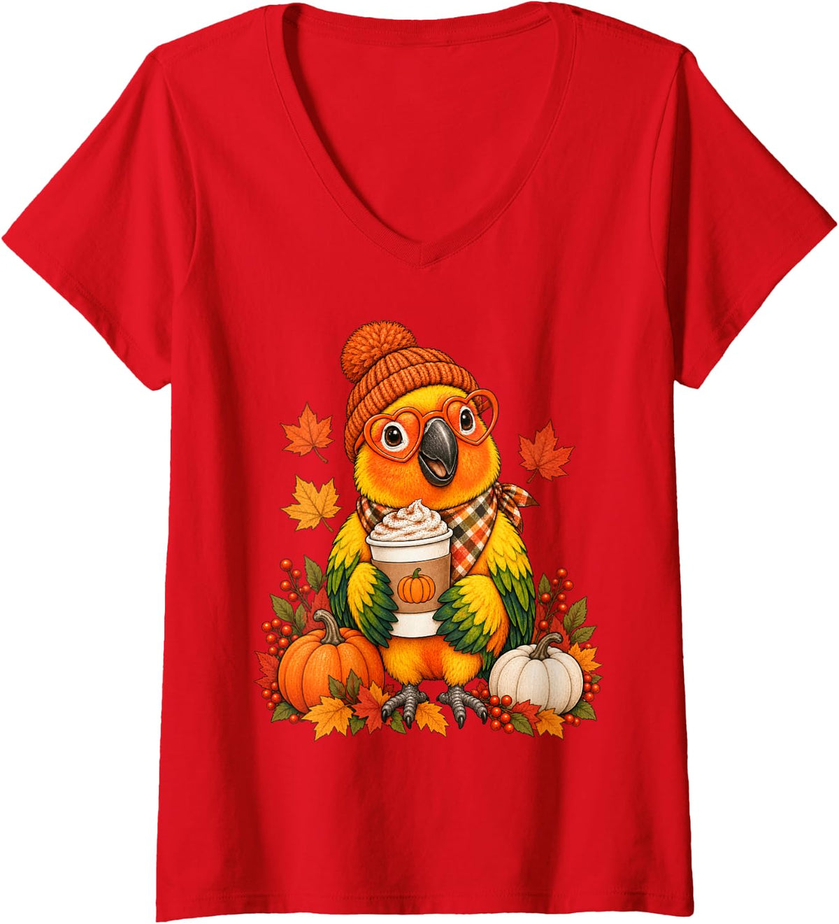 Women's Sun Conure Fall Autumn Season Pumpkin Spice Parrot V-Neck T-Shirt - Red