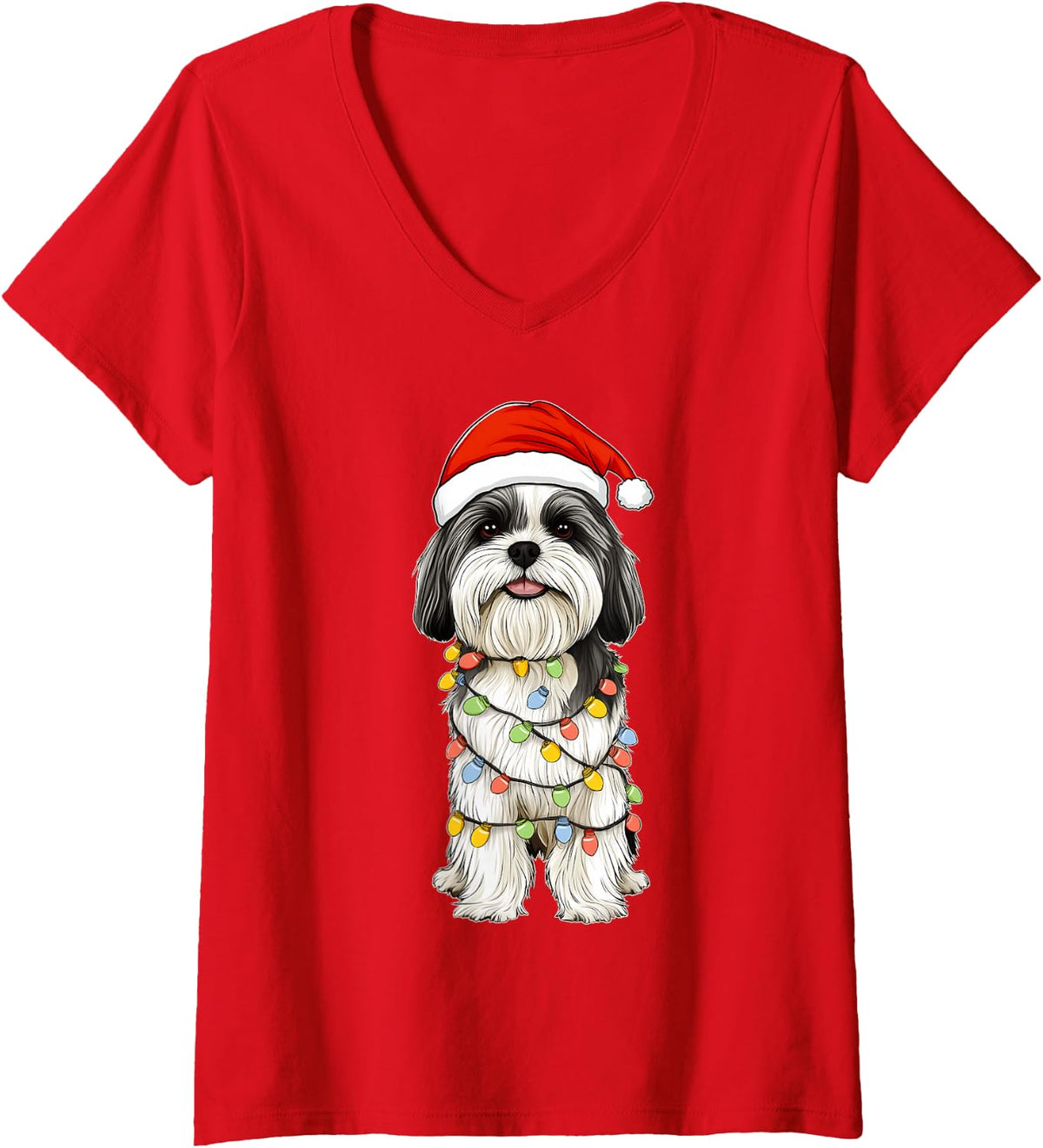 Women's Havanese Dog Christmas Hat Xmas V-Neck T-Shirt - Red