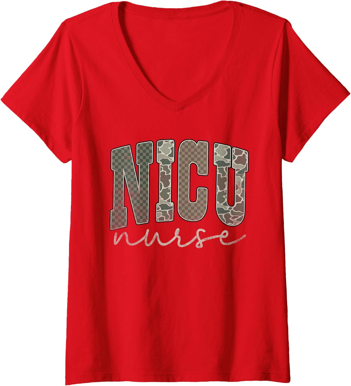 Women's Camo Nurse NICU Team RN Neonatal Intensive Care Unit V-Neck T-Shirt - Red