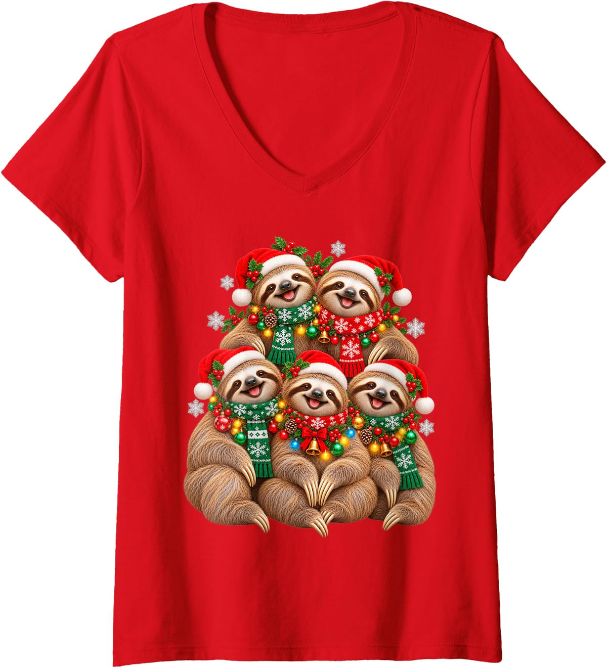 Women's Christmas Lights Sloth Santa Funny Xmas Trees V-Neck T-Shirt - Red
