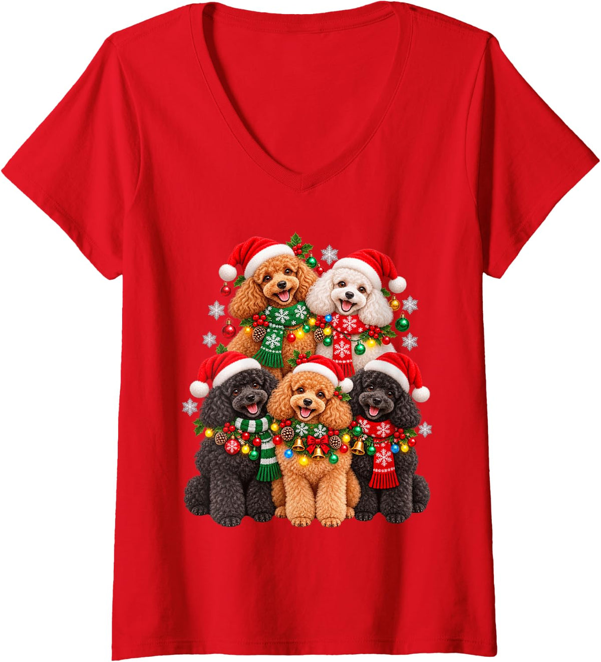 Women's Christmas Lights Poodle Santa Funny Xmas Trees V-Neck T-Shirt - Red