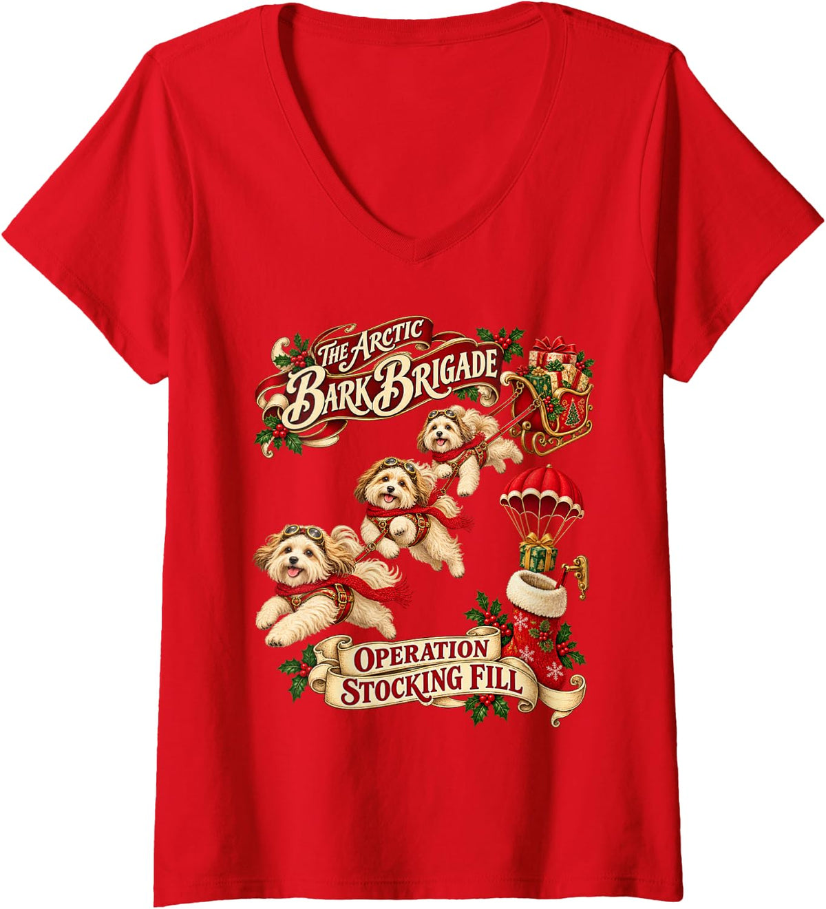 Women's Havanese Dog Funny Christmas Parachute V-Neck T-Shirt - Red