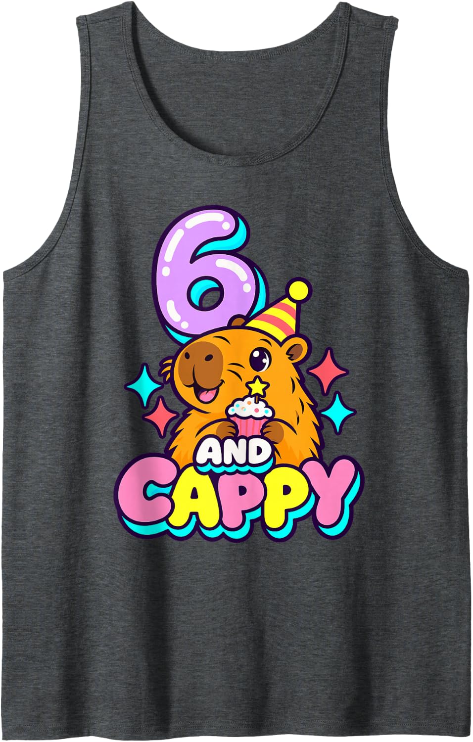 Cappy and 6 Capybara 6th Birthday Party Sparkles Cake Sleeveless Tank Top - Dark Heather Grey