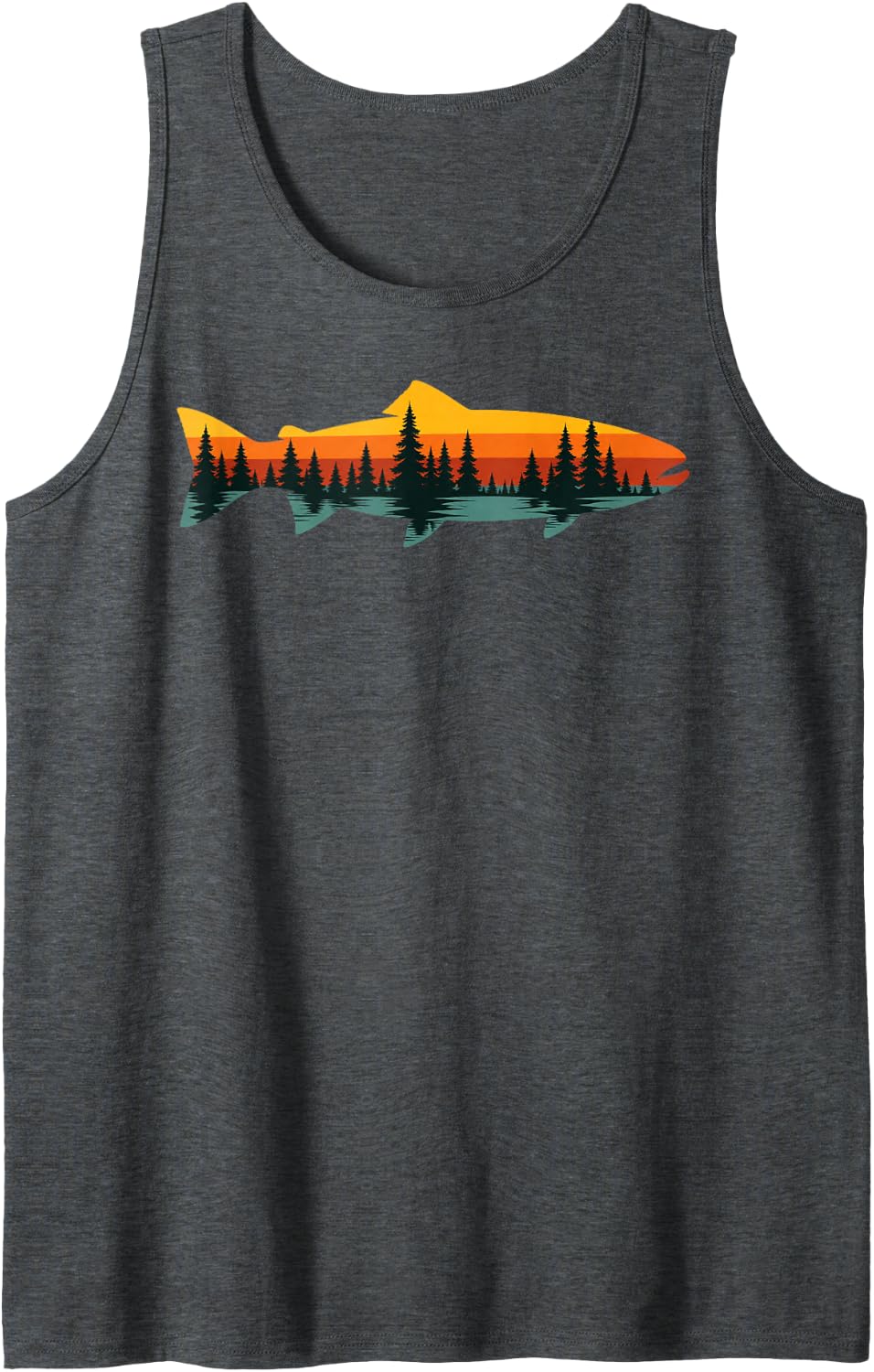 Mountain Fish Silhouette Fisherman Fishing Outdoor Sunset Sleeveless Tank Top - Dark Heather Grey
