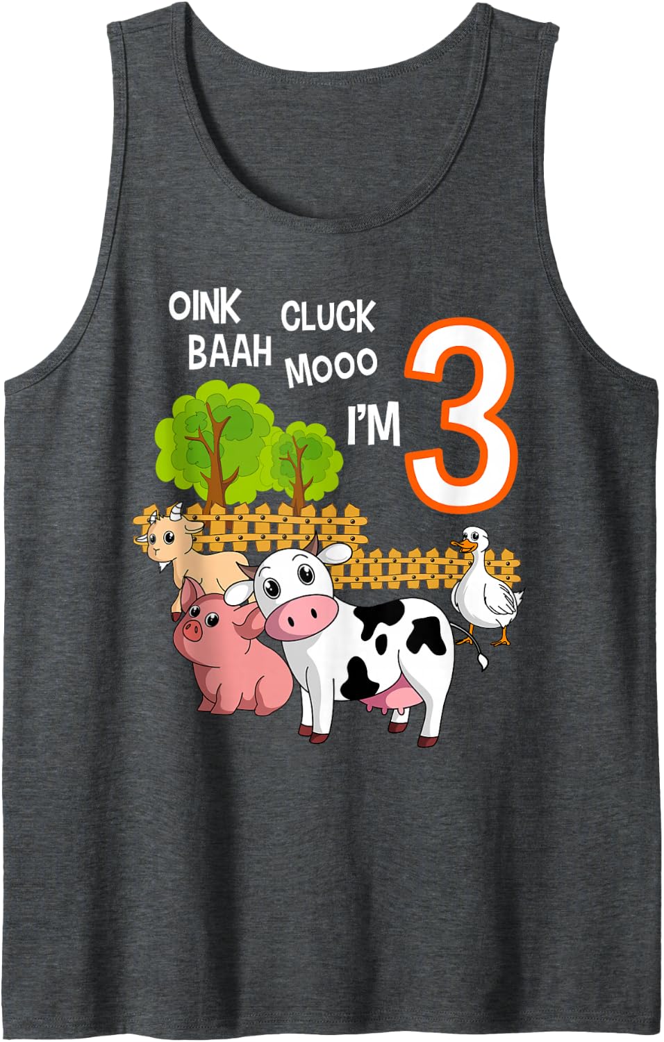 Oink Cluck Baah Mooo I'm 3 Farm Animal 3rd Birthday Party Sleeveless Tank Top - Dark Heather Grey